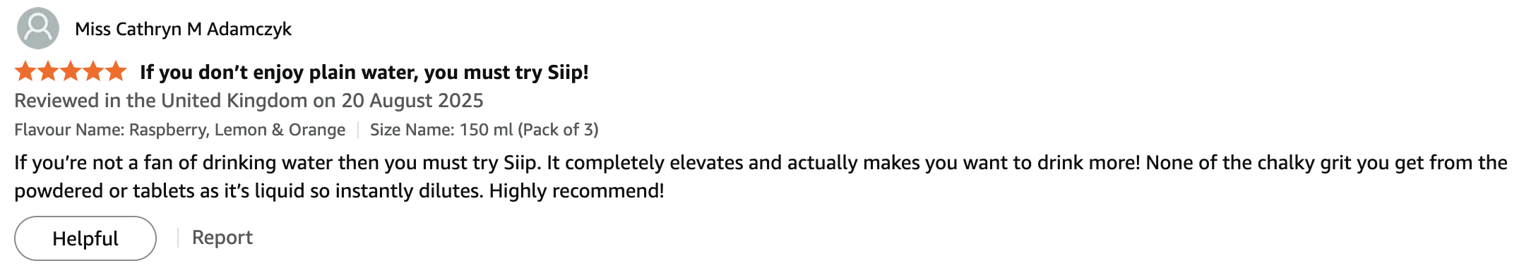 A customer review giving a five-star rating for a product called Siip.