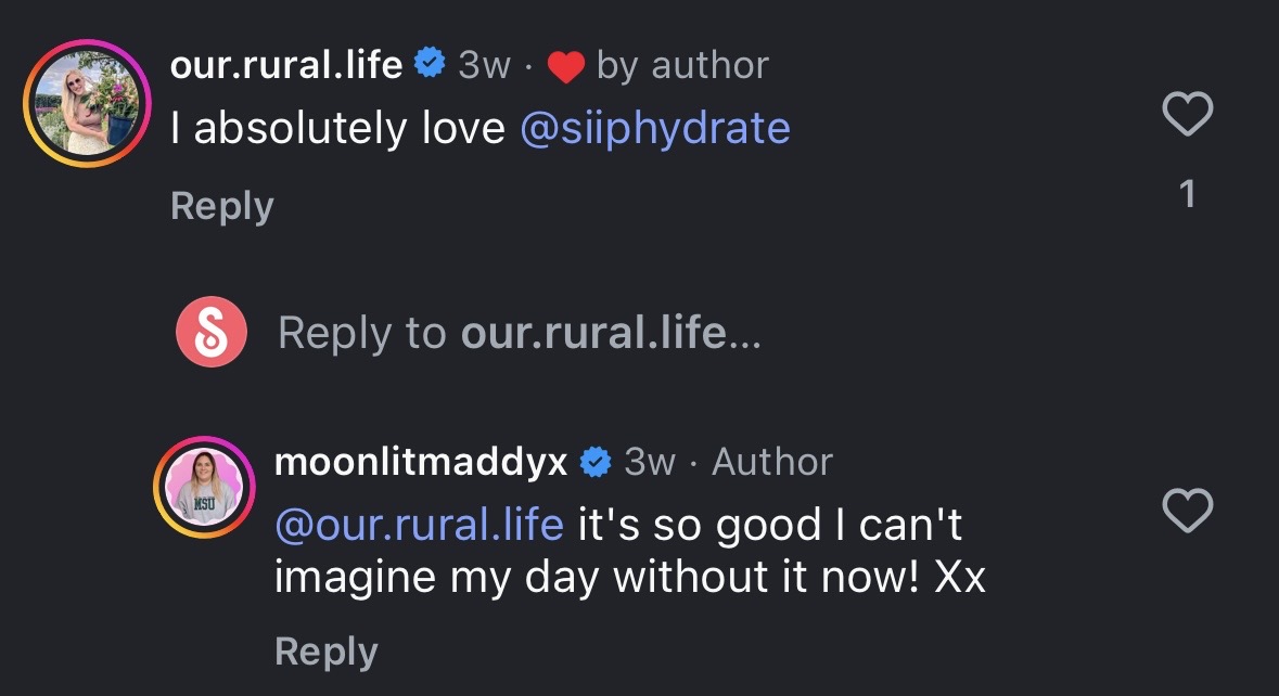 Instagram comments discussing a product, with verified user profiles and reply option.