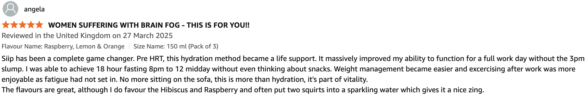 Product review titled 'Women Suffering With Brain Fog - This Is For You!!' with 5-star rating.