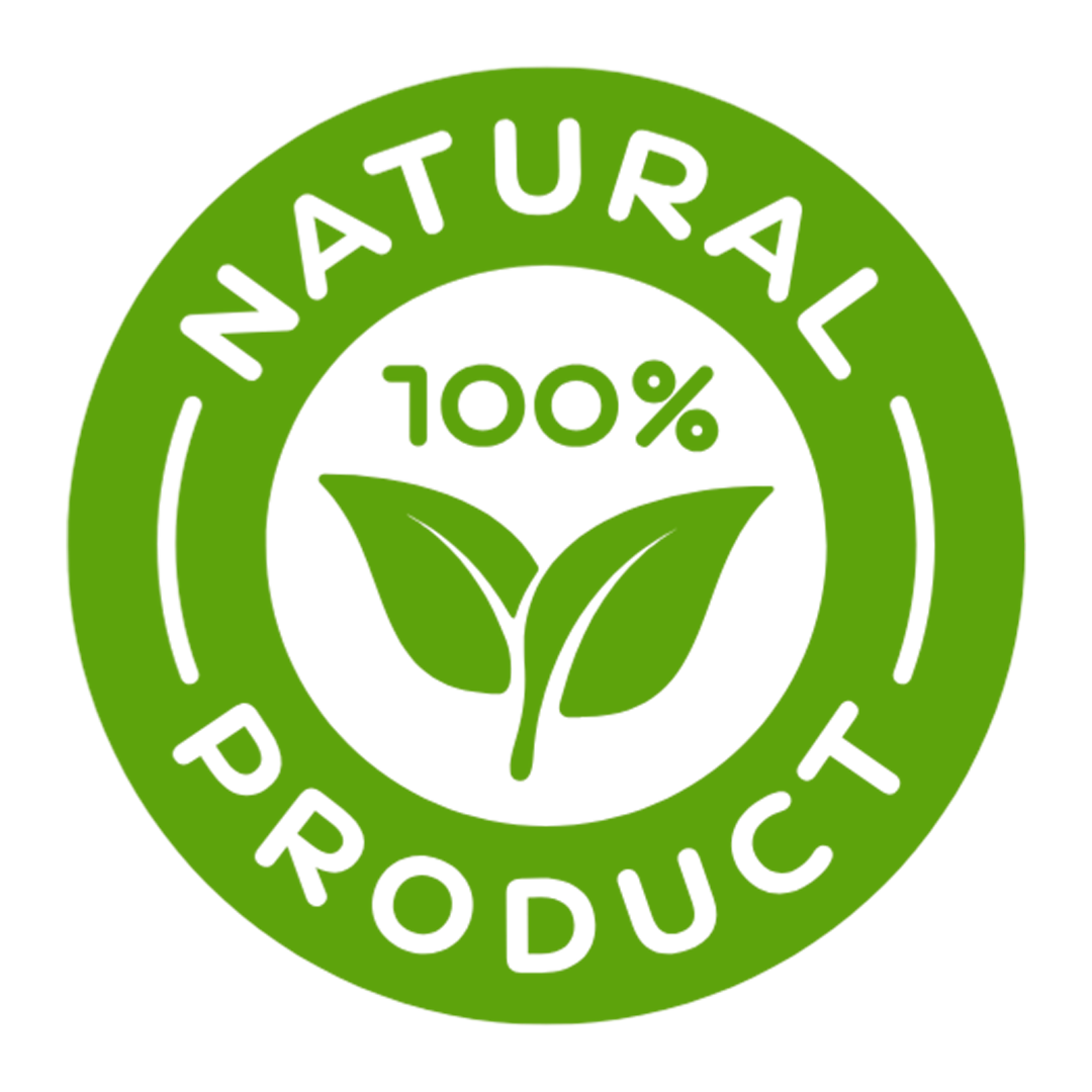 Green seal with leaves, text '100% Natural Product'.