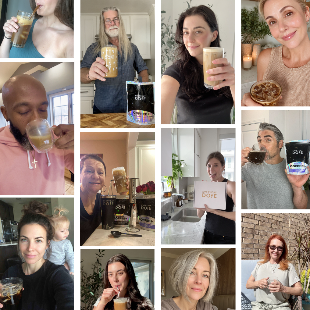 Collage of people enjoying coffee drinks in various settings.