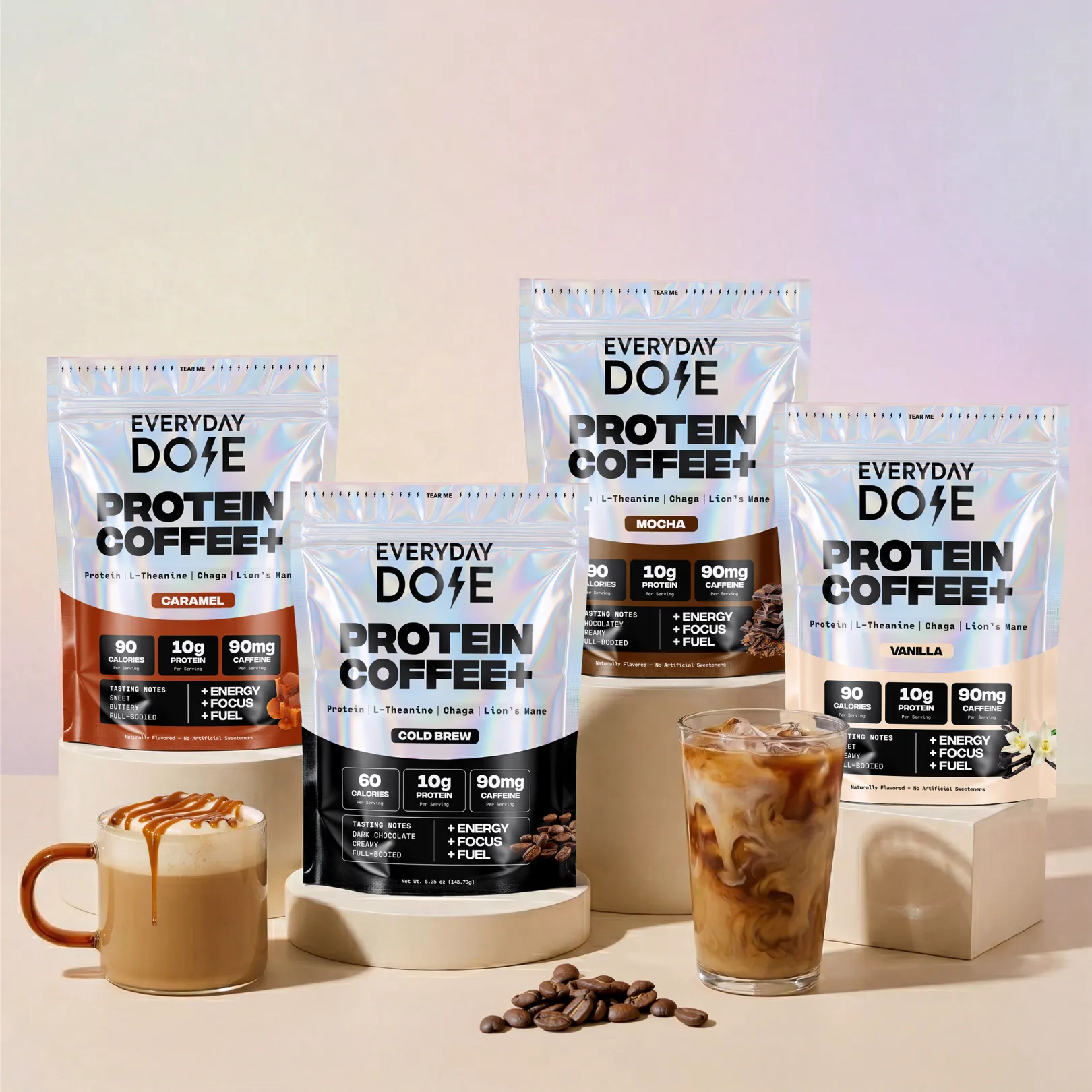 Four flavors of Everyday Dose Protein Coffee+ pouches with prepared hot and iced coffee drinks.