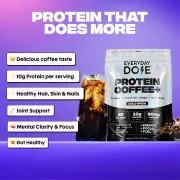 An ad for Everyday Dose Protein Coffee+ showing the product pouch, a glass of coffee, and its benefits.