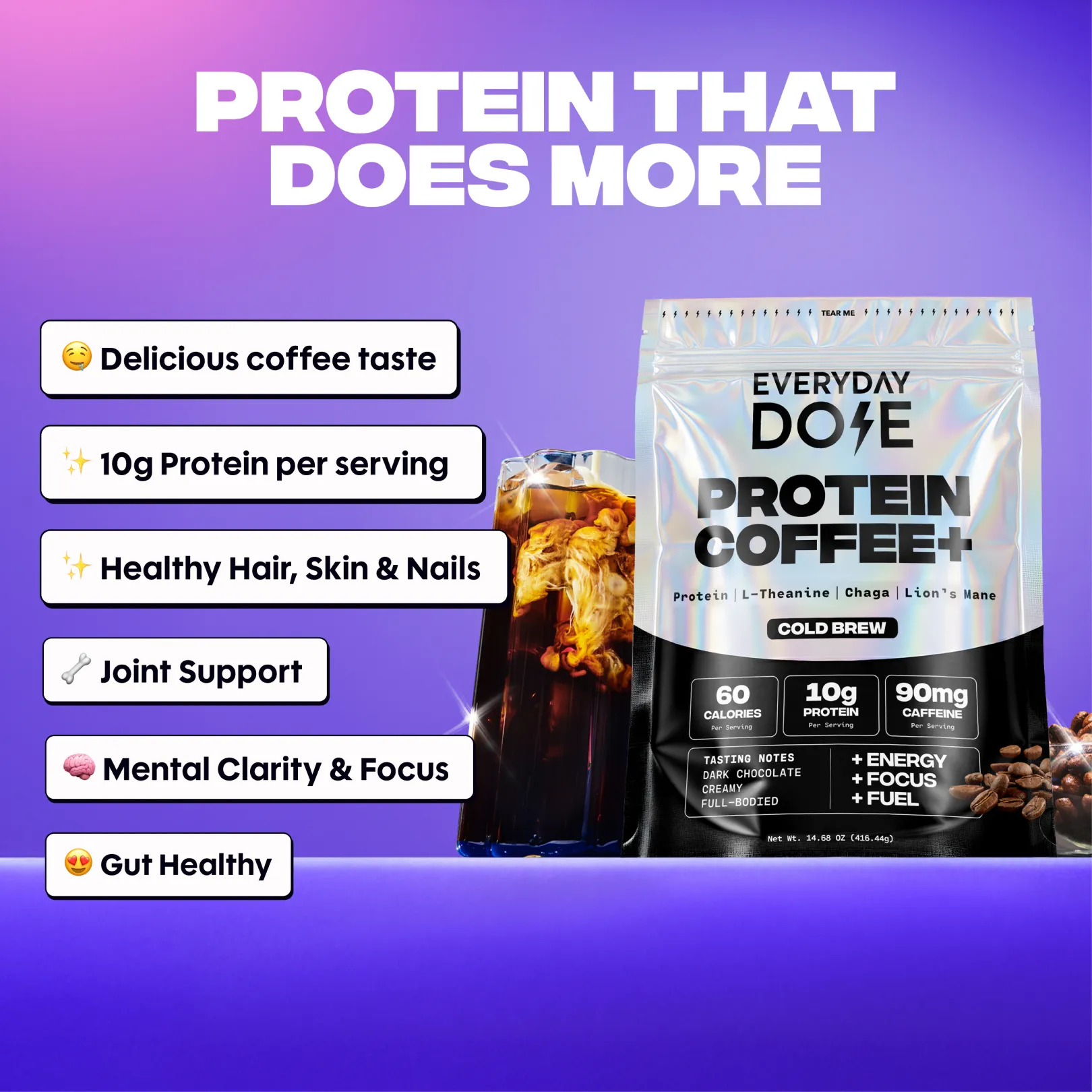 An ad for Everyday Dose Protein Coffee+ shows its benefits next to a pouch and iced coffee.