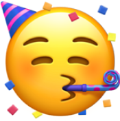 A yellow emoji face wearing a party hat, blowing a party horn, surrounded by confetti.