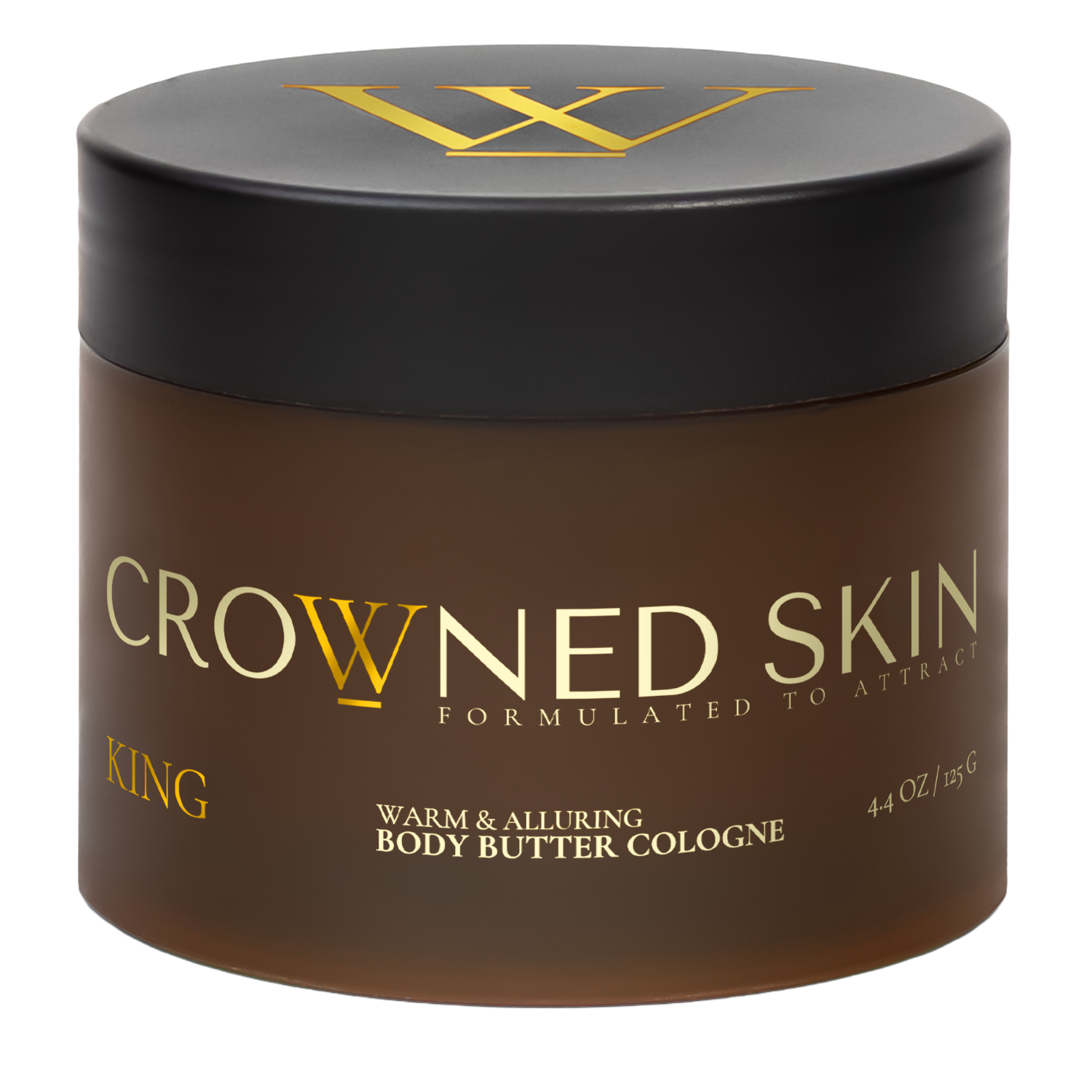 Brown container of Crowned Skin body butter cologne, labeled 'King.'