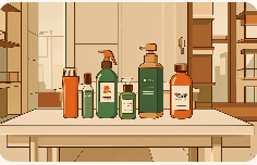 An illustration of various cosmetic and hair care bottles arranged on a table in front of a window.