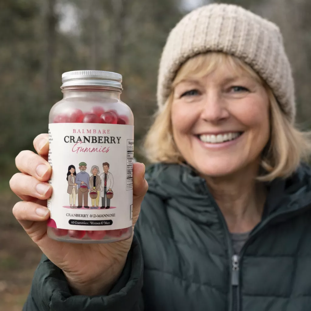A smiling woman wearing a winter hat holds a bottle of Balmbare Cranberry Gummies.