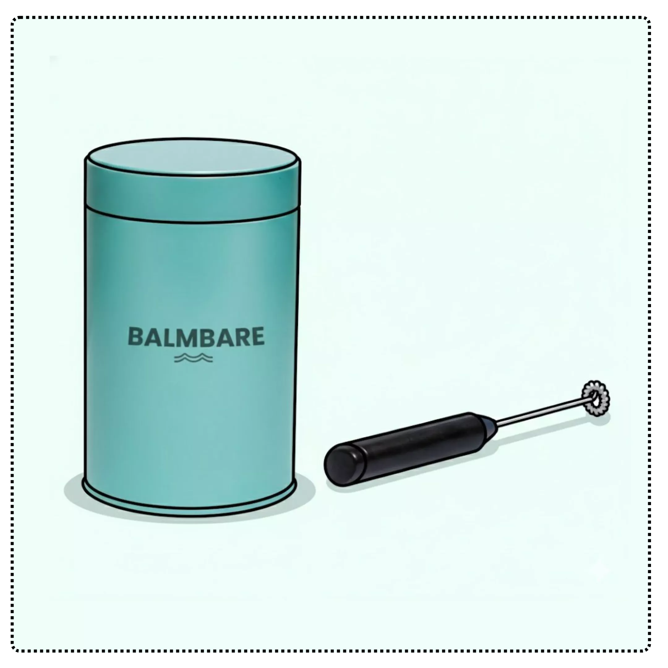 A blue container labeled 'BALMBARE' next to a handheld frother.
