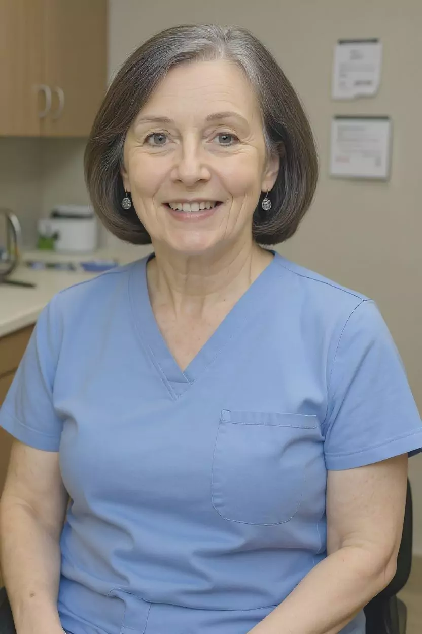 Woman in a blue scrub top smiling in an office setting.