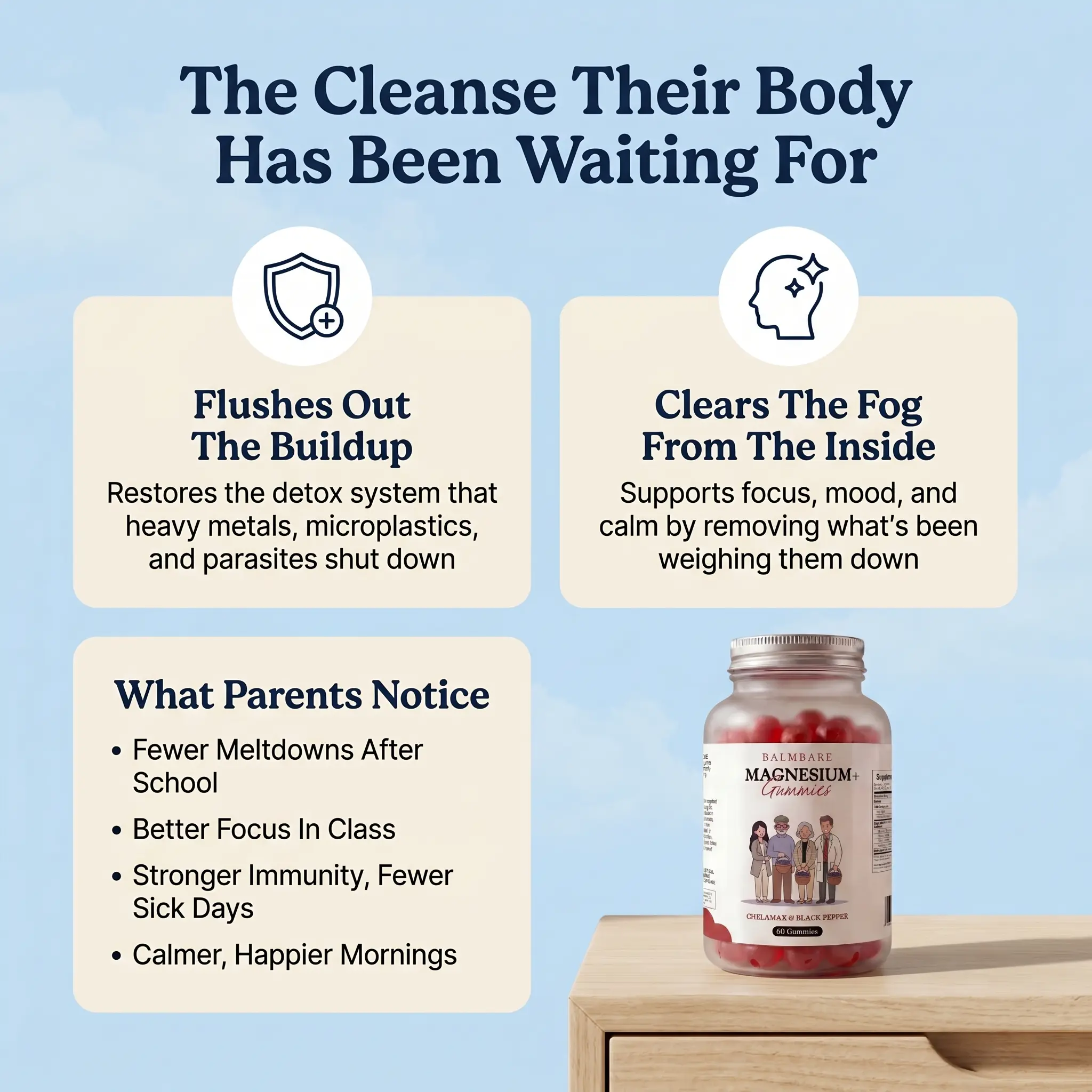 An advertisement for Balmbare Magnesium+ Gummies, highlighting its cleansing benefits and what parents notice after use.
