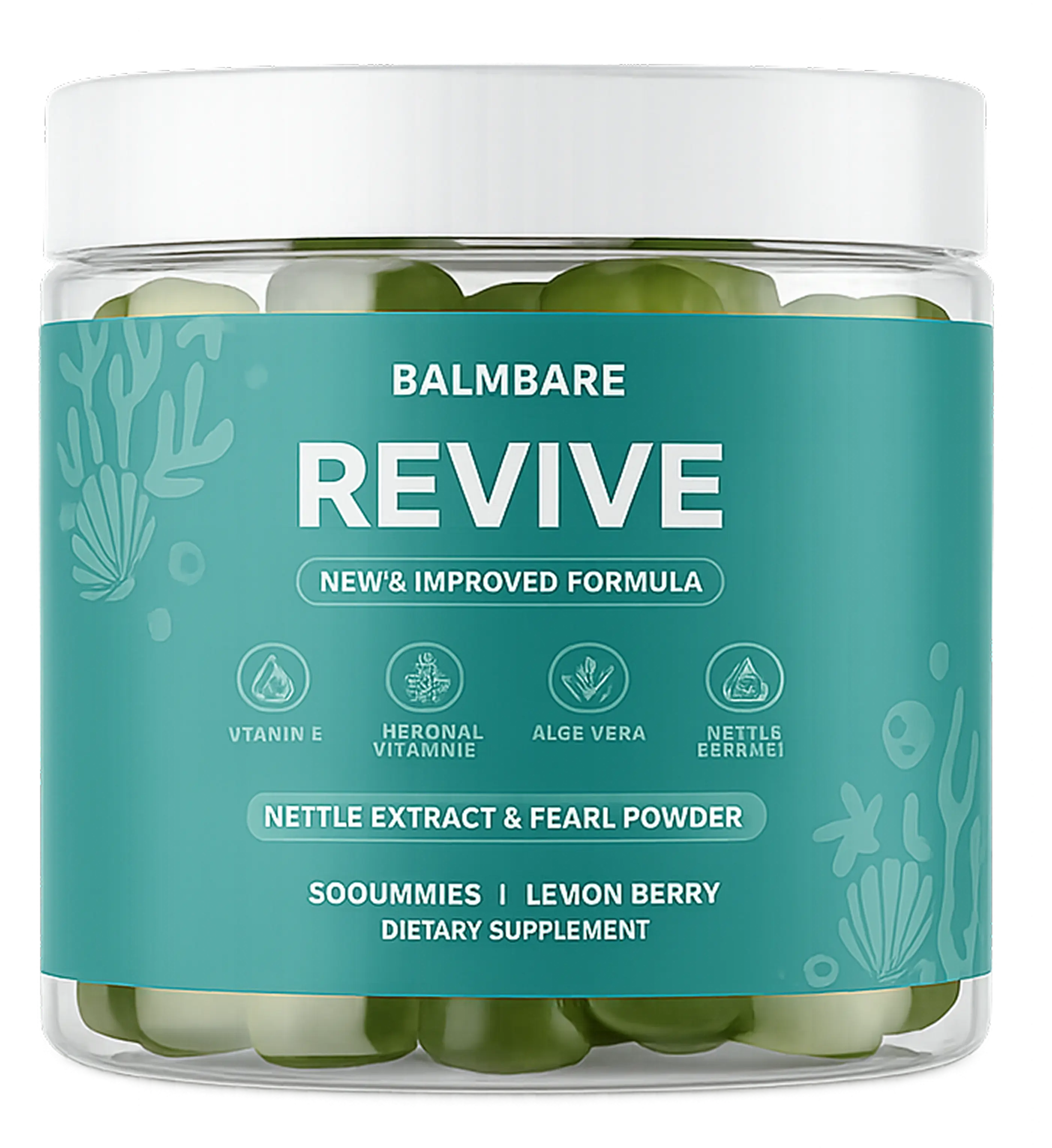 A clear jar of Balmbare Revive dietary supplement gummies with a teal label against a white background.