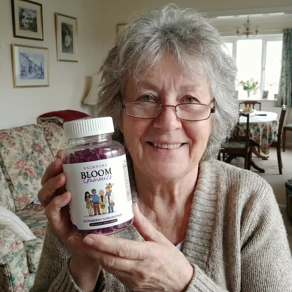 A smiling older woman with glasses holds up a bottle of Balmbare Bloom Gummies.