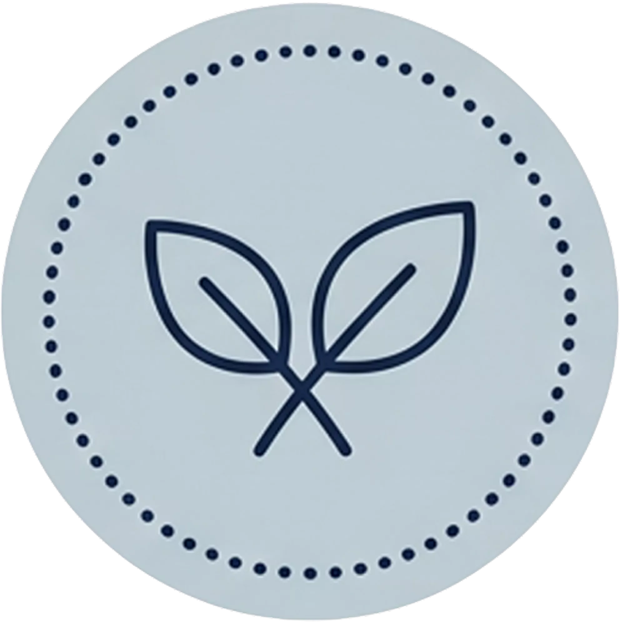 A line art icon of two crossed leaves within a dotted circle on a green background.
