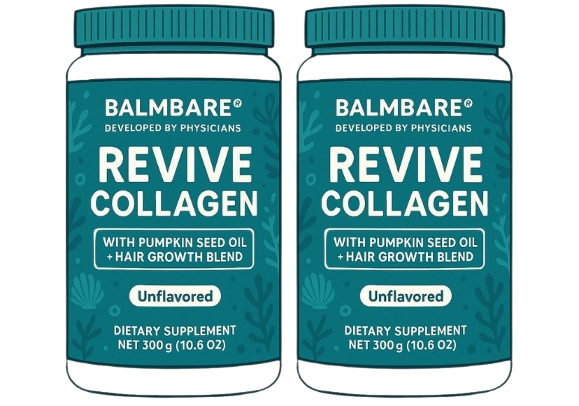 Illustration of two jars labeled 'Revive Collagen' dietary supplement.