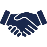 A dark blue icon of two hands clasped in a handshake.