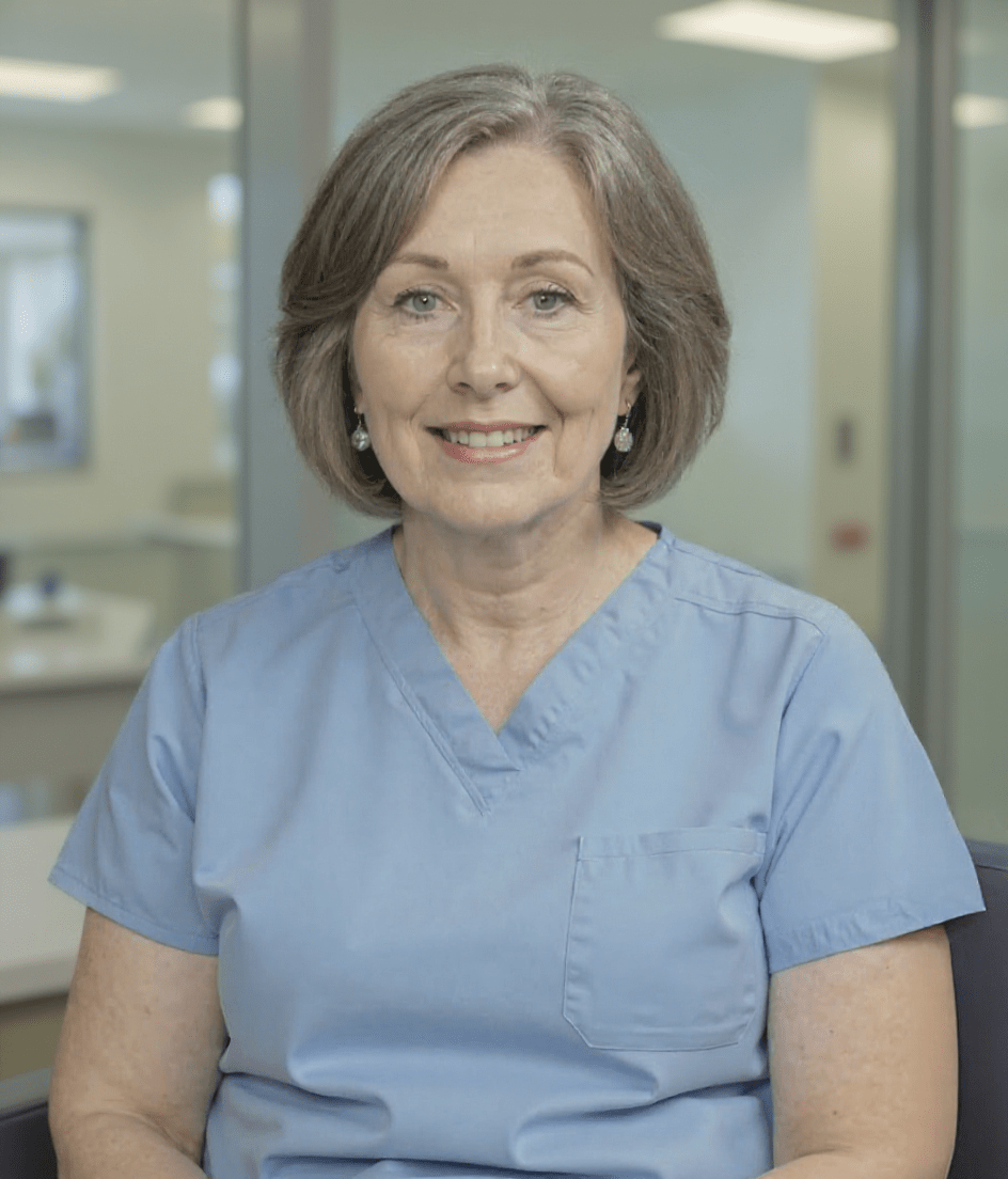 Woman in blue scrubs smiling in a light-filled room.