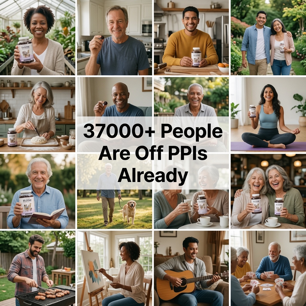 A collage of photos of diverse people enjoying life, with text overlaying the center reading '37000+ People Are Off PPIs Already'.