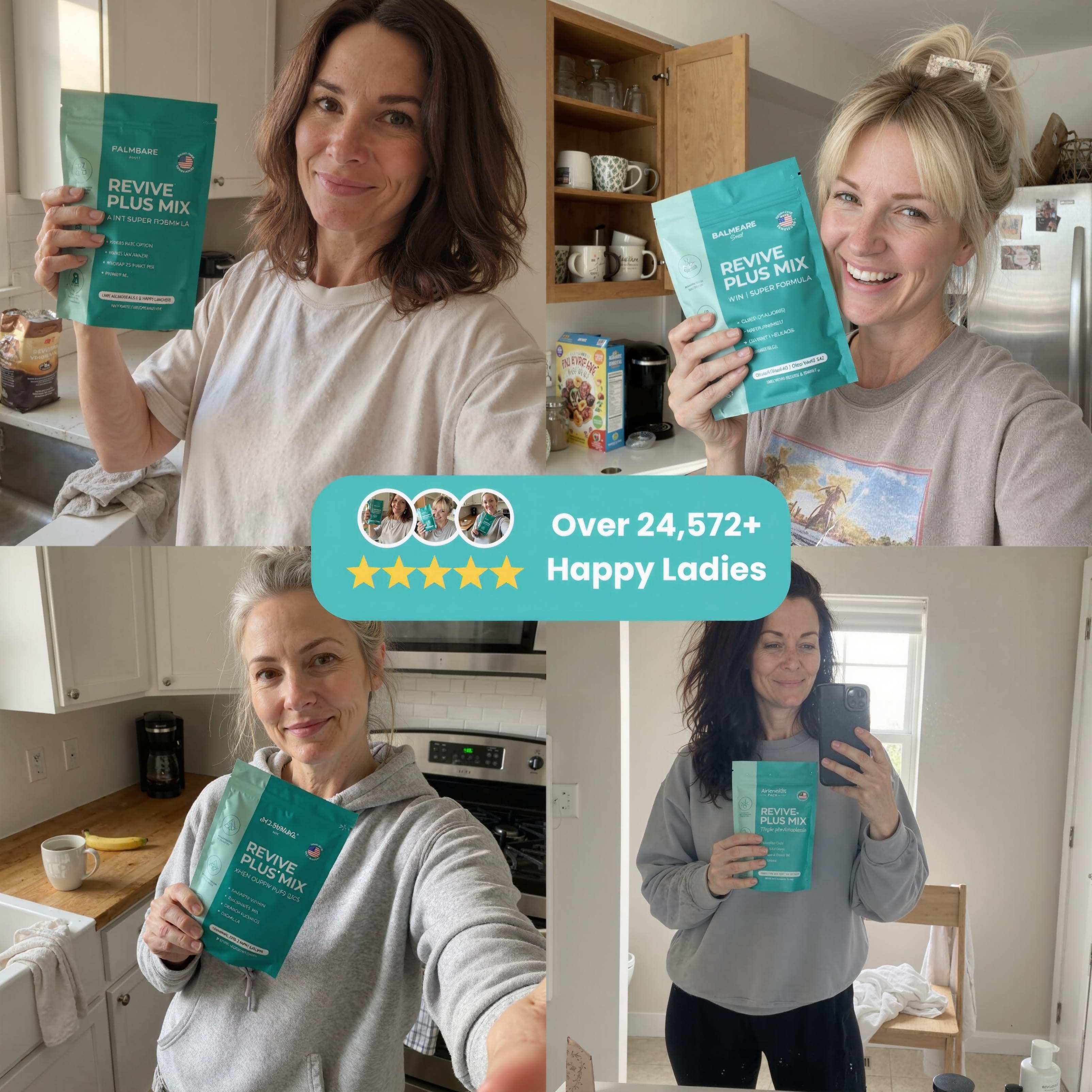 Four women smiling, holding Revive Plus Mix packets in different kitchen settings.