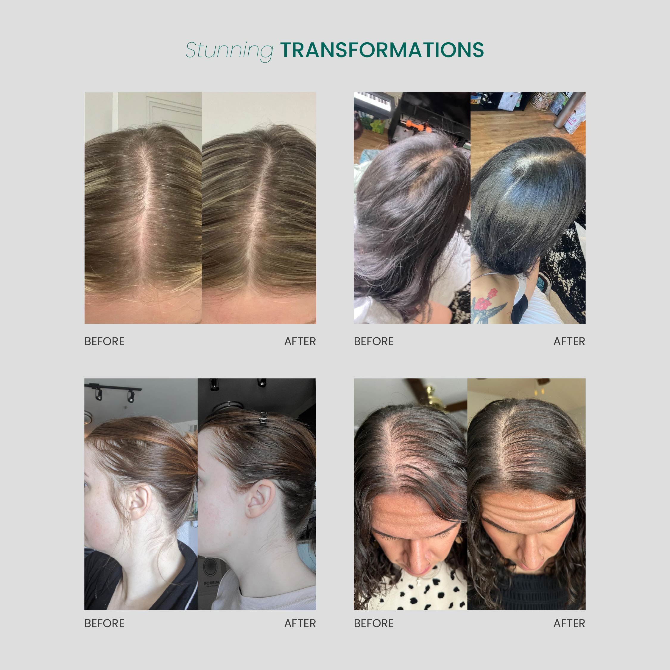 Before and after images showcasing hair transformations.