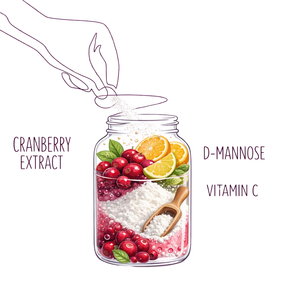 An illustration of a jar filled with cranberries, citrus, and powder, labeled with its ingredients.