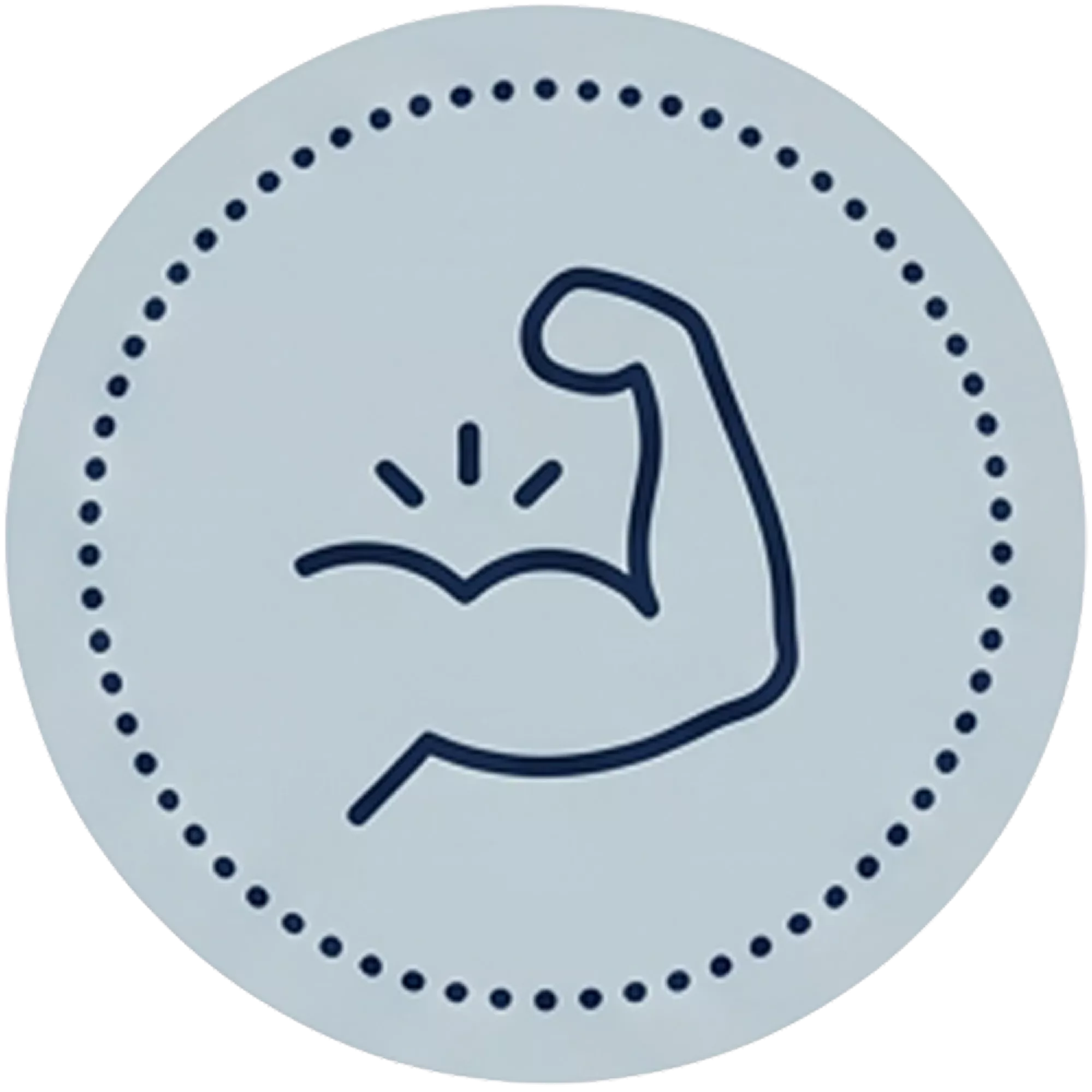 An icon of a flexed bicep inside a dotted circle on a green background.