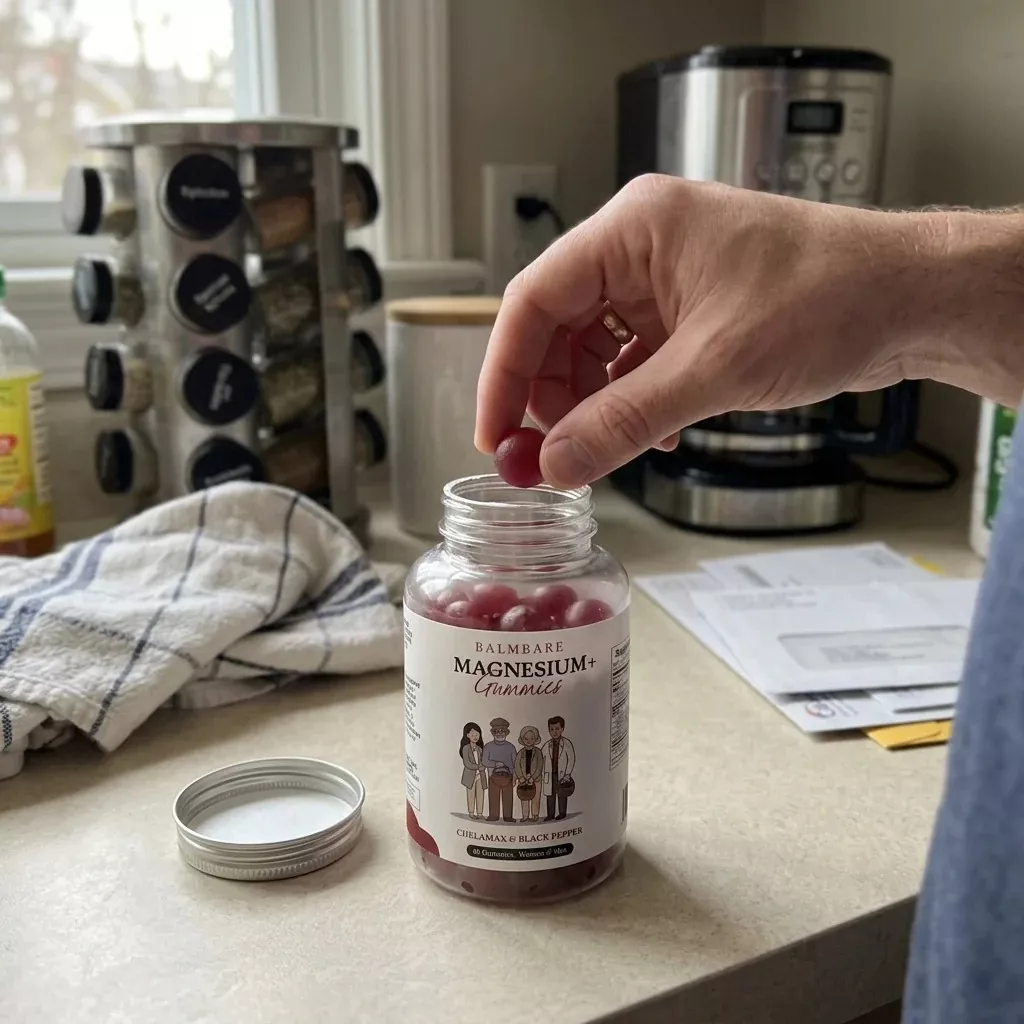 A person's hand takes a red gummy from a jar of Balmbare Magnesium+ Gummies on a kitchen counter.
