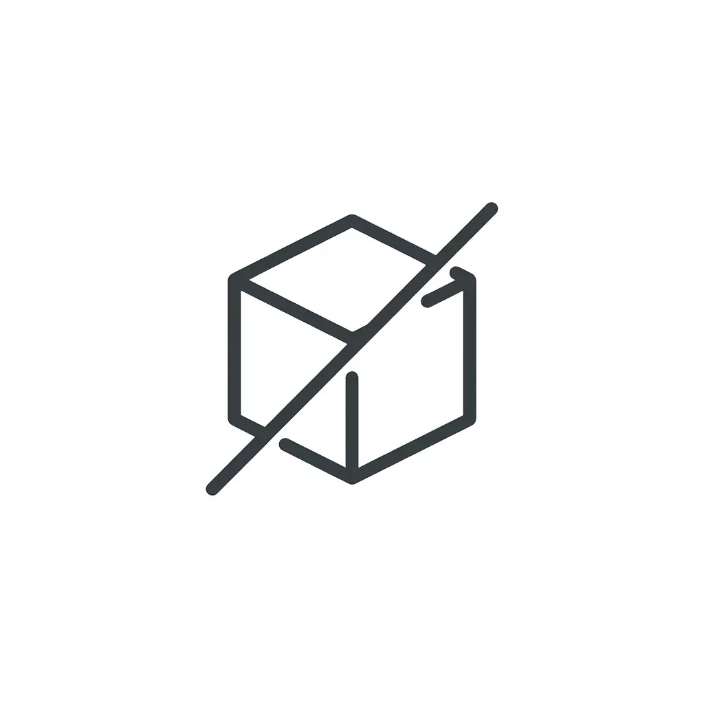 A line icon of a cube with a diagonal line crossing it out.