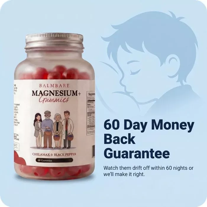 A bottle of Balmbare Magnesium+ Gummies next to a graphic of a sleeping child and a money-back guarantee.