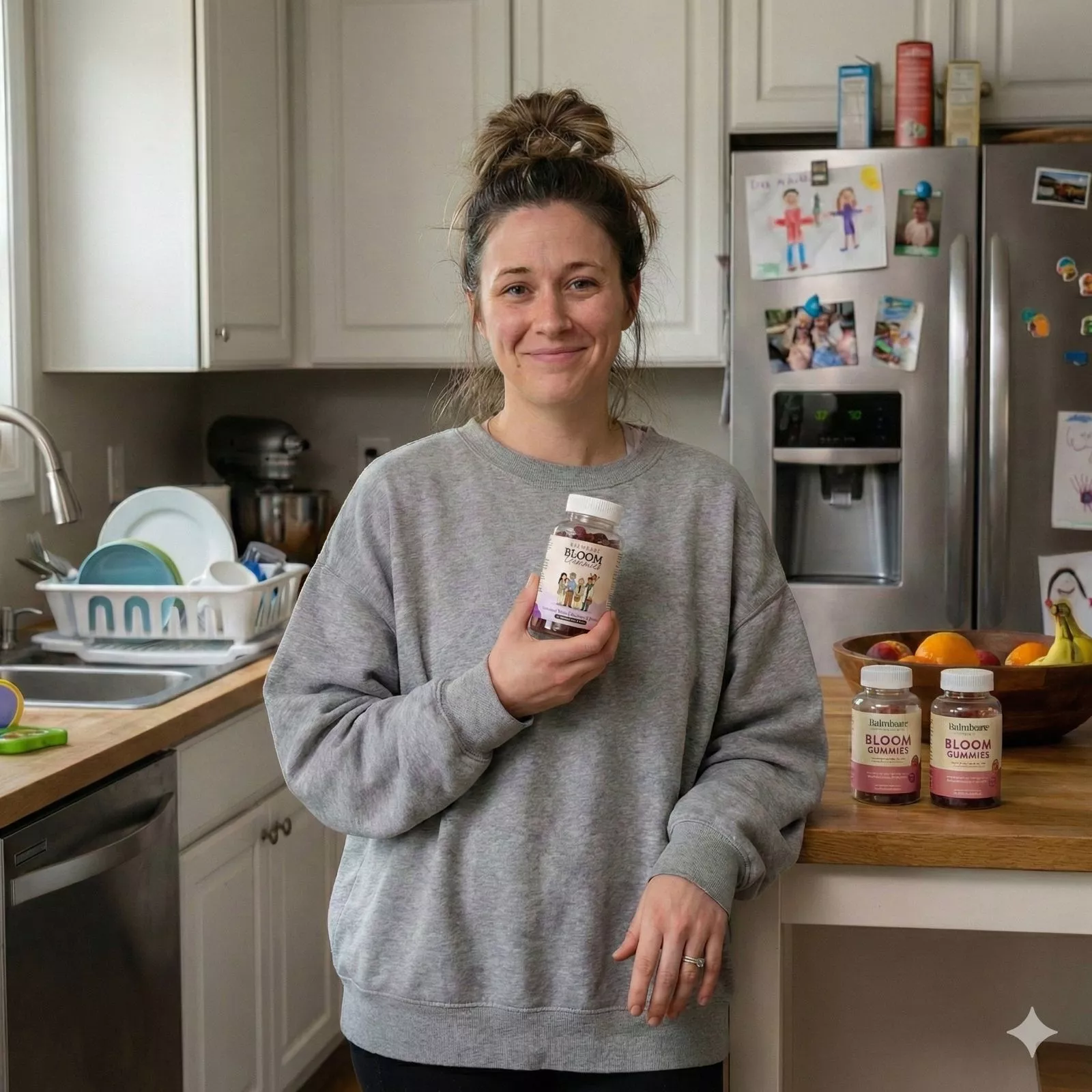 A woman in a grey sweatshirt smiles while holding a bottle of Bloom Gummies in her kitchen.