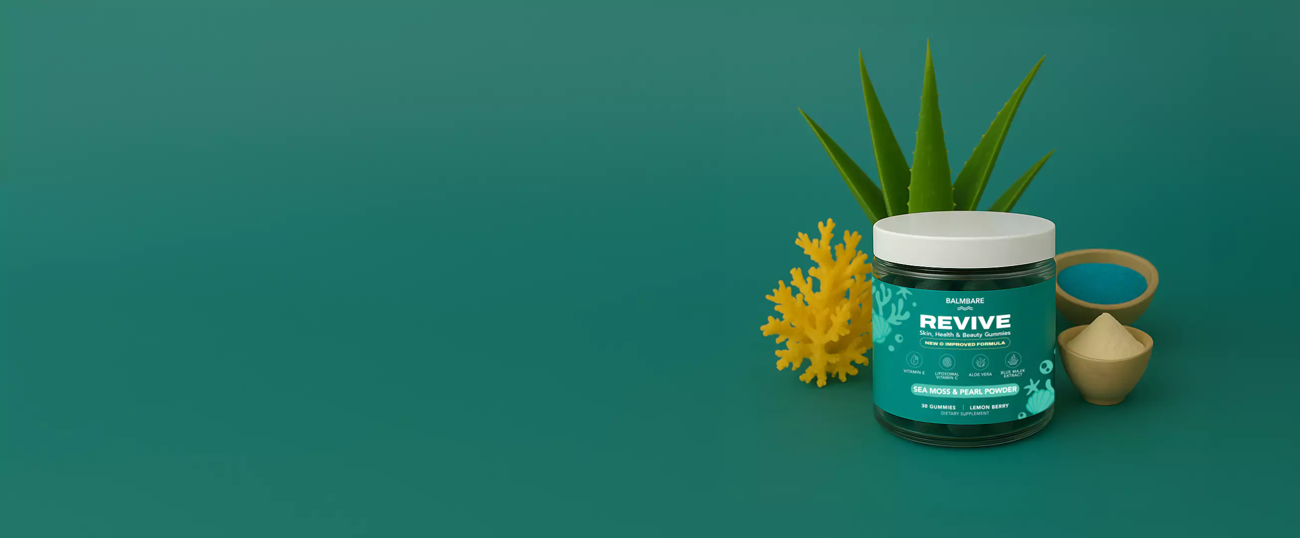A jar of Revive gummies with aloe plant and decorative items on a green background.