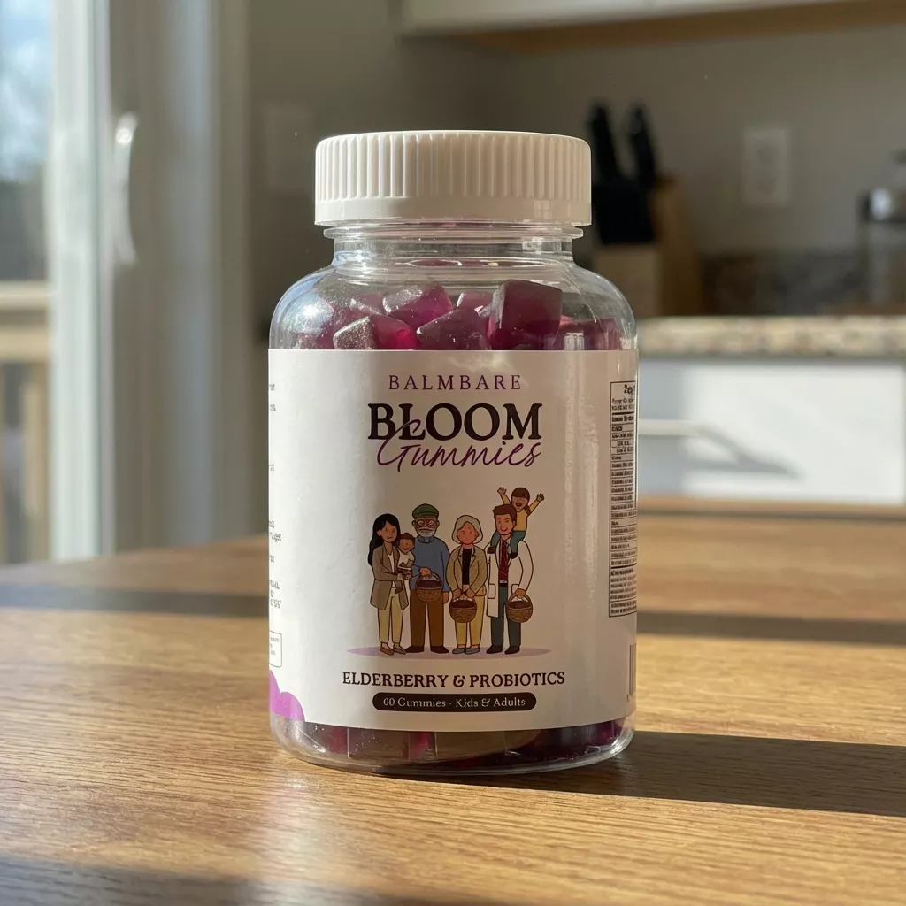 A bottle of Balmbare Bloom Elderberry & Probiotics gummies sitting on a wooden table in a sunlit room.