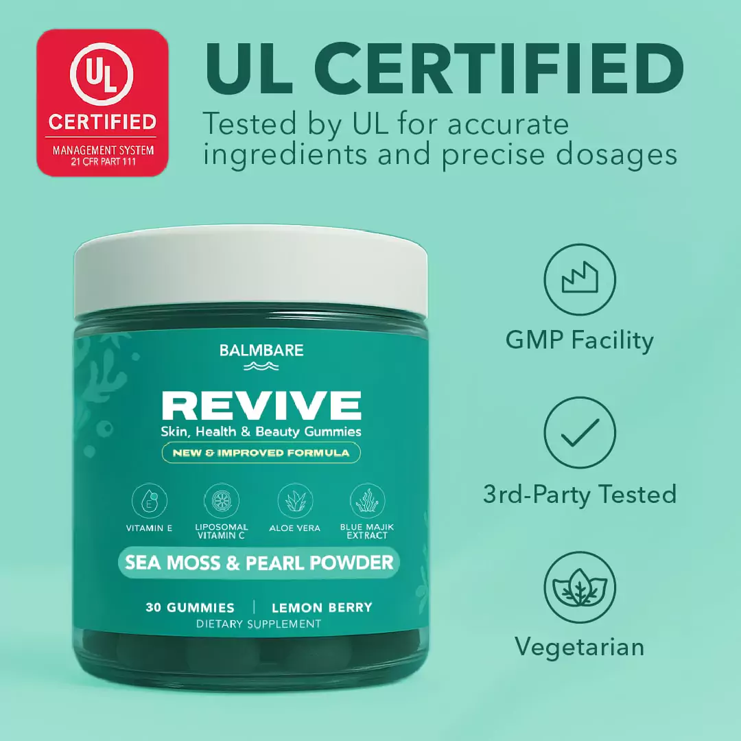 Jar of Revive gummies with UL certification and product features.