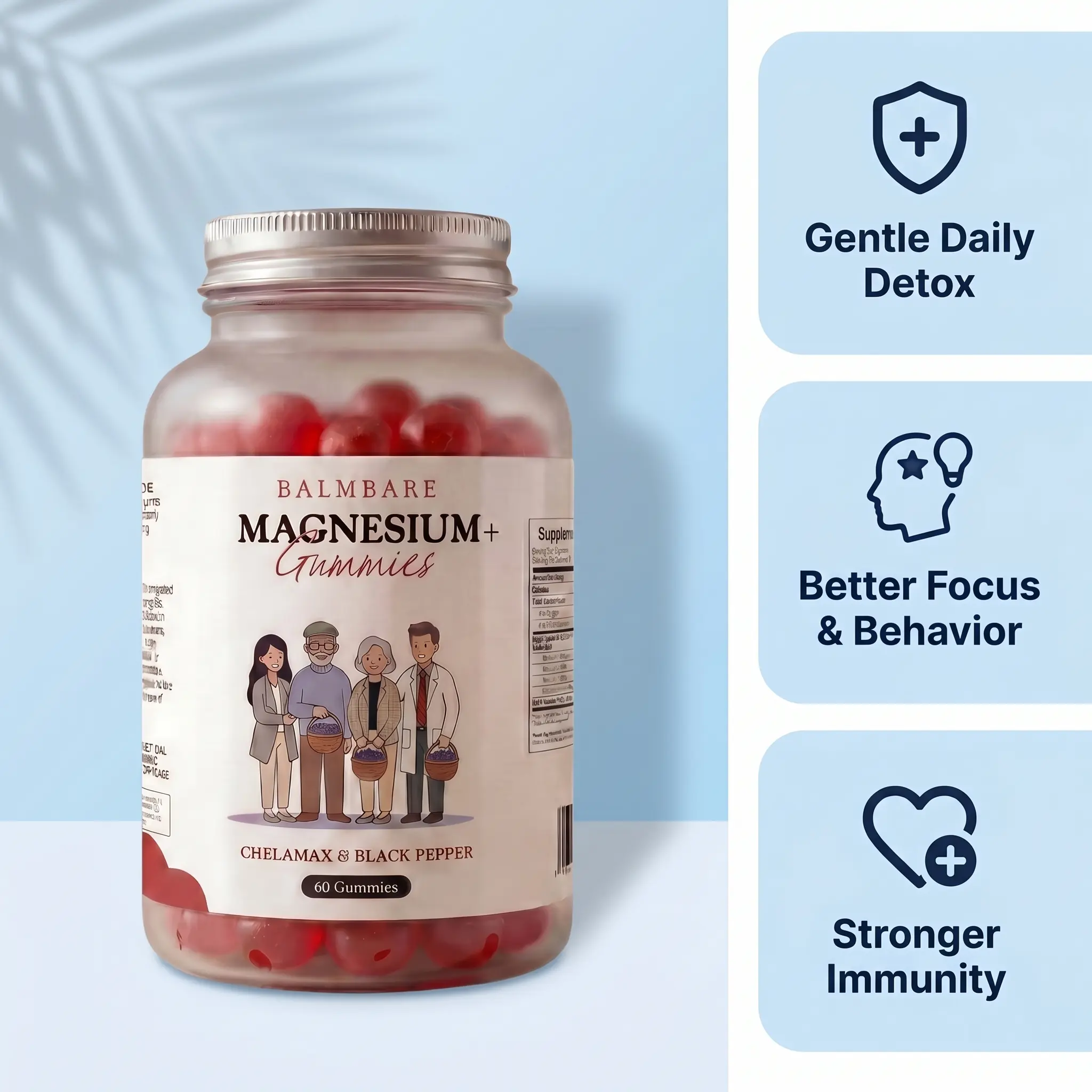 A bottle of BalmBare Magnesium+ Gummies is displayed next to a list of its health benefits.