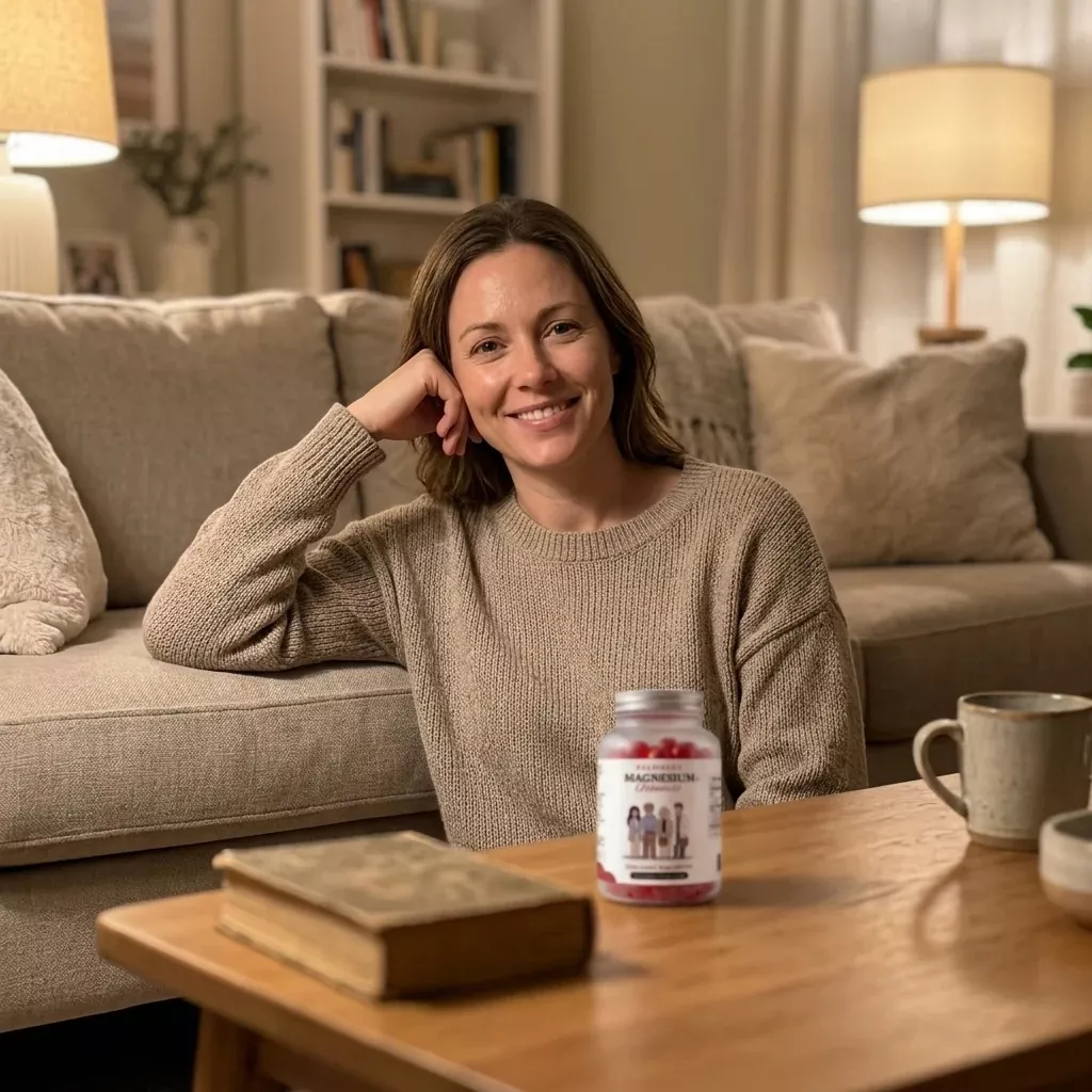 A woman smiles while sitting on the floor in her living room with a bottle of magnesium gummies.