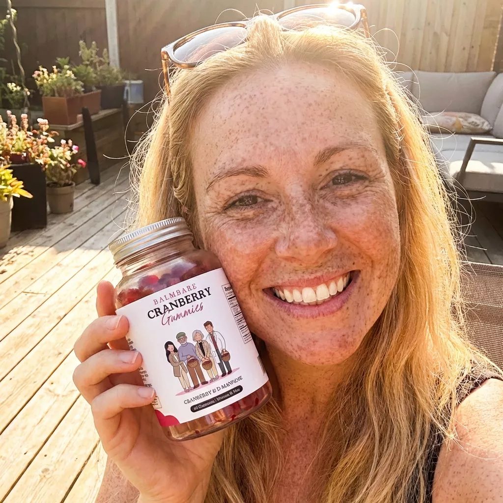 A smiling woman with freckles holds a jar of cranberry gummies while sitting on a sunny deck.