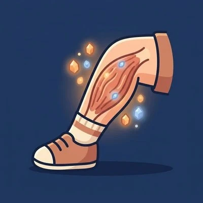 A cartoon illustration of a leg with an exposed calf muscle surrounded by glowing crystals.