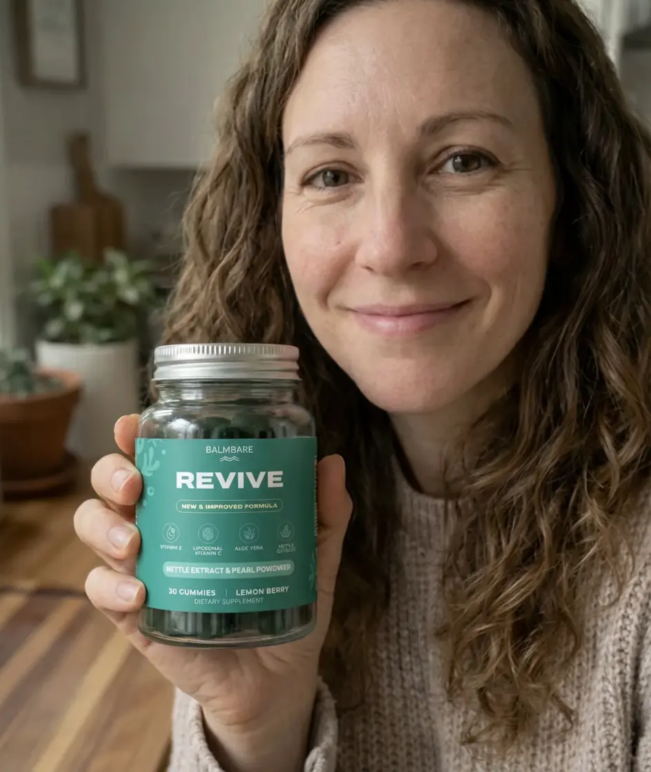 A smiling woman with curly hair holds up a bottle of Balmbare Revive gummies.