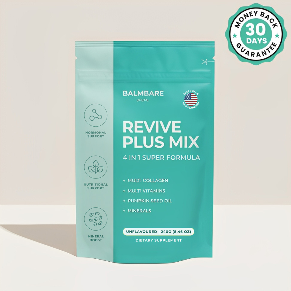 Revive Plus Mix dietary supplement package with 4-in-1 formula advertised.