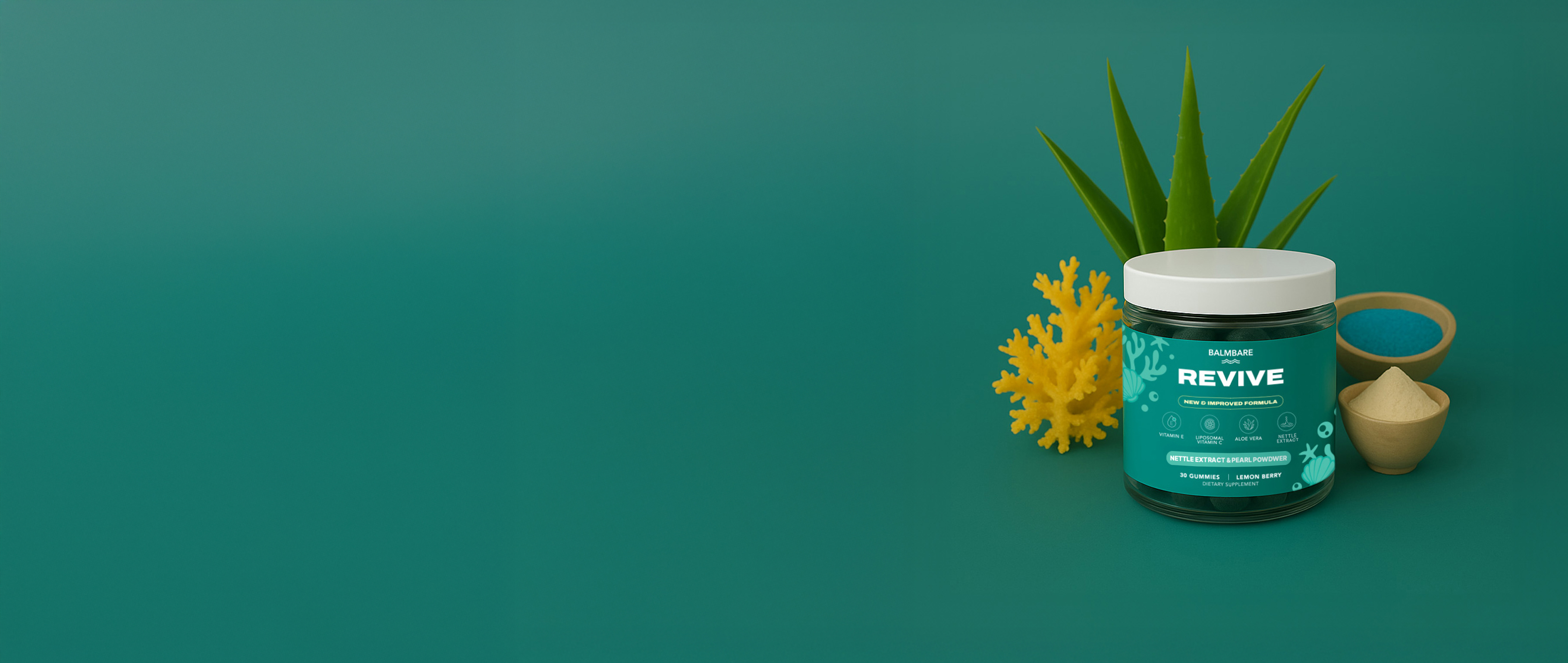 A jar labeled 'Revive' with aloe plant and decorative elements against a green background.