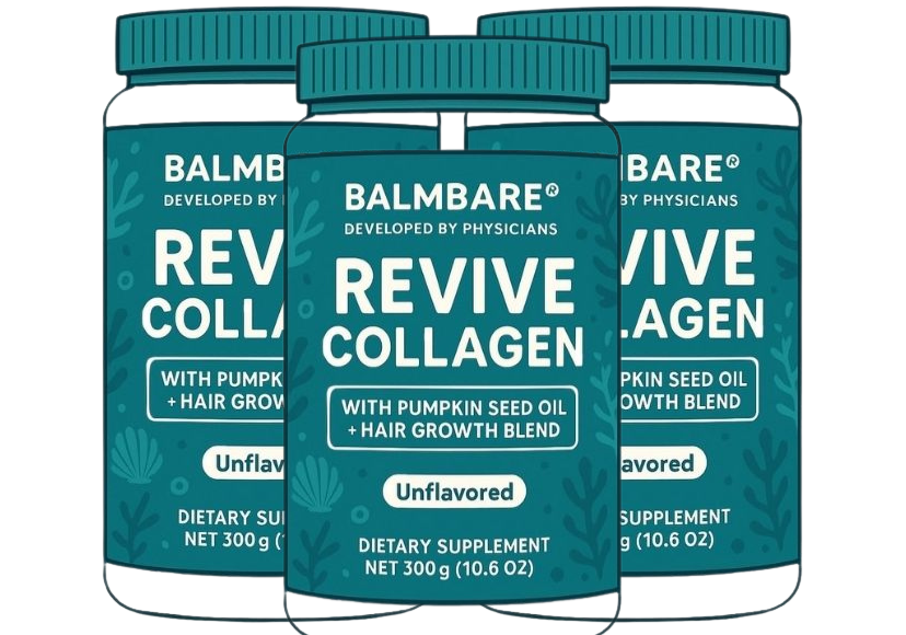 Three jars of BALMBARE Revive Collagen dietary supplement.