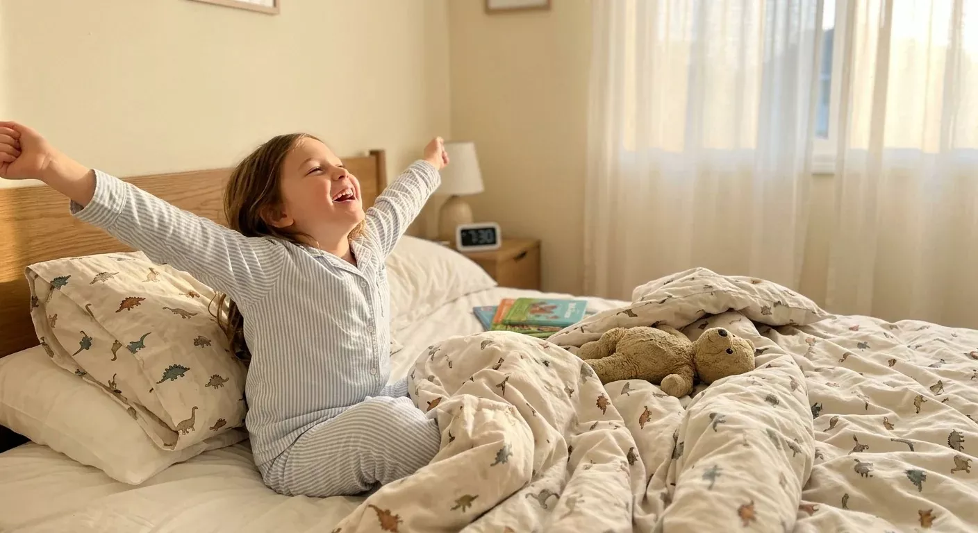 A young girl in pajamas smiles and stretches as she wakes up in her sunlit bed.
