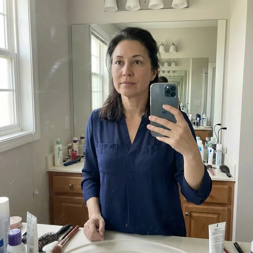 A woman in a navy blue shirt takes a selfie in a bathroom mirror.