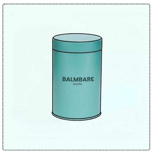 Teal cylindrical container labeled 'BALMBARE' with a simple design.