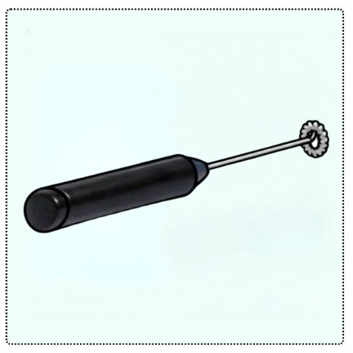 Illustration of a handheld frother with a black handle and metal whisk.