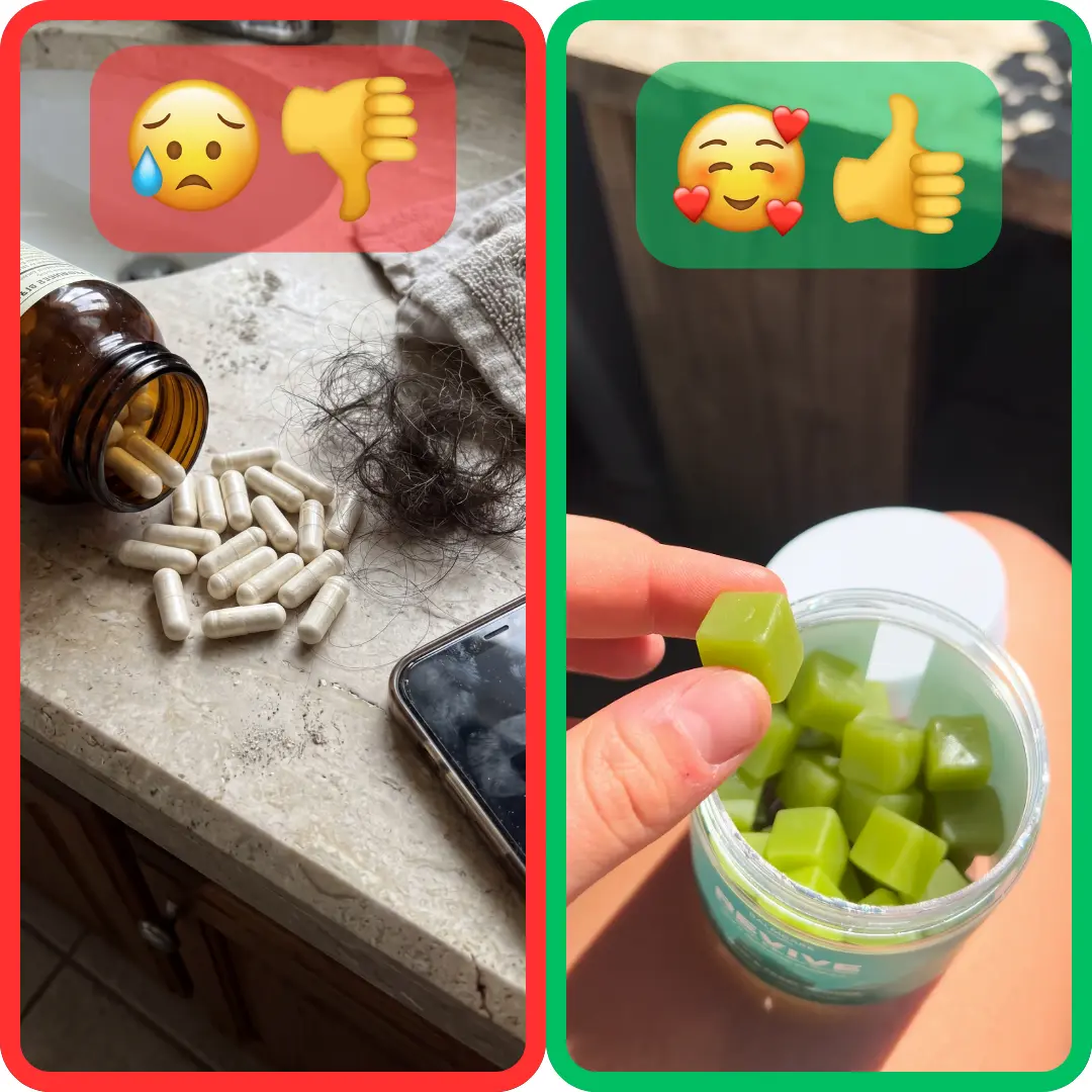 A split image contrasting spilled pills and a clump of hair with a hand holding a green gummy.