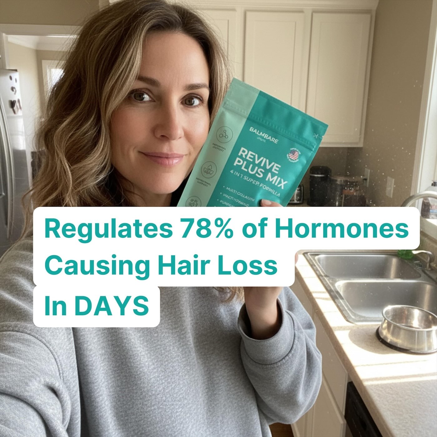 Person holding a packet labeled ‘Revive Plus Mix’ with text about hormone regulation and hair loss.