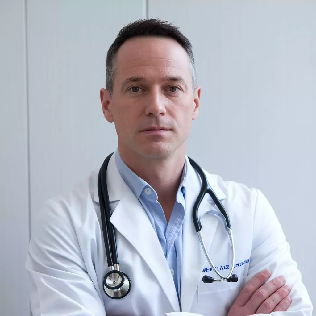 A doctor in a white coat with a stethoscope, standing with arms crossed.
