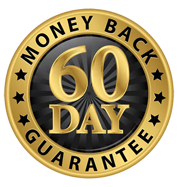 Gold badge with '60 Day Money Back Guarantee' text.