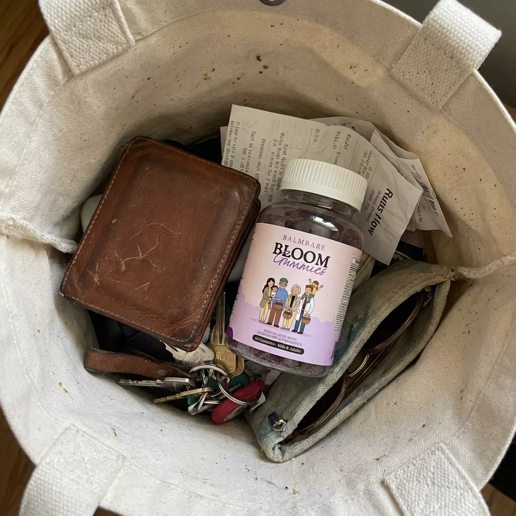 The inside of a canvas tote bag containing a wallet, keys, receipts, and a bottle of gummies.
